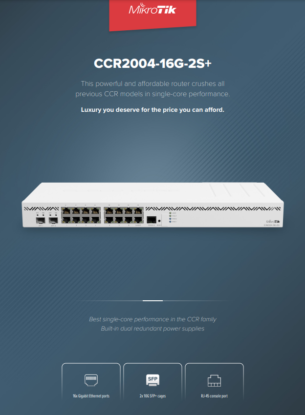 MIKROTIK CLOUD ROUTER CCR2004-16G-2S+ / 1U rackmount, 16xGigabit ...