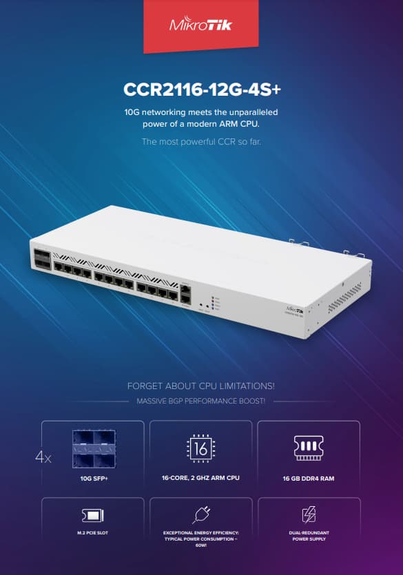 MIKROTIK CLOUD ROUTER CCR2116-12G-4S+ / 1U rackmount, 12x Gigabit Ethernet, 4xSFP+ cages, 16 cores x 2GHz CPU, 16GB RAM, RouterOS L6