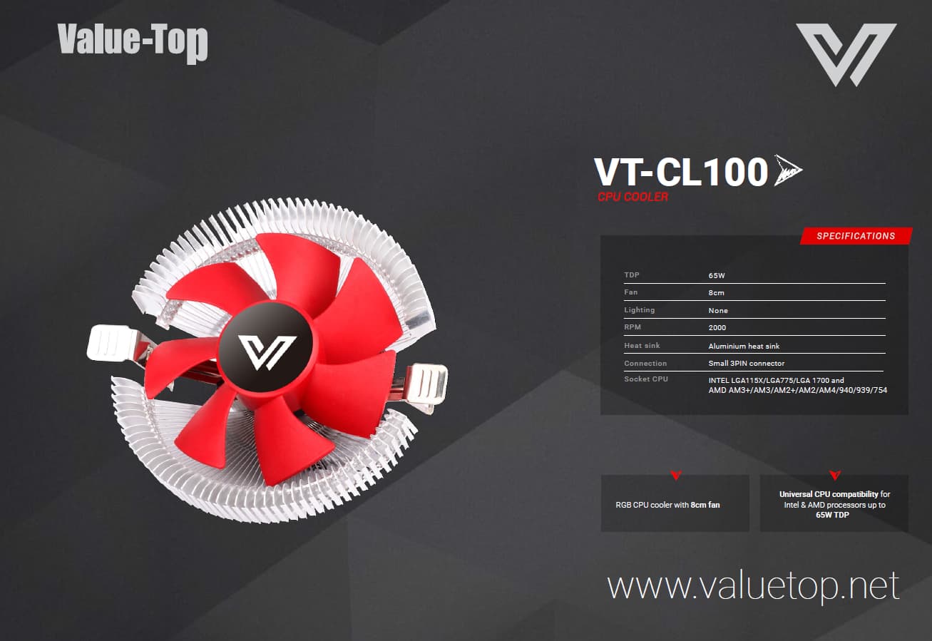 VALUE-TOP CL100 CPU COOLER WITH 8CM RED BLADES FAN