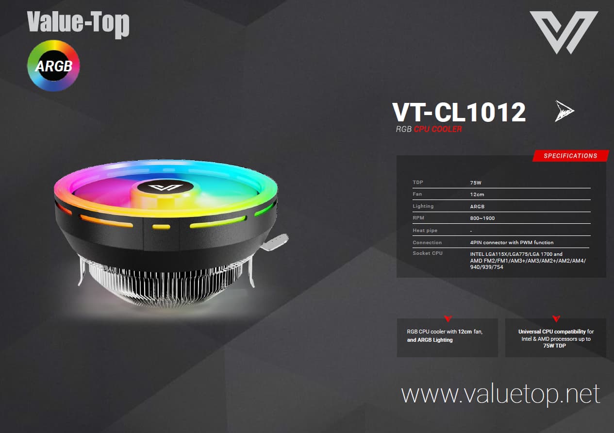 VALUE-TOP CL1012 CPU COOLER WITH 12CM ARGB FAN