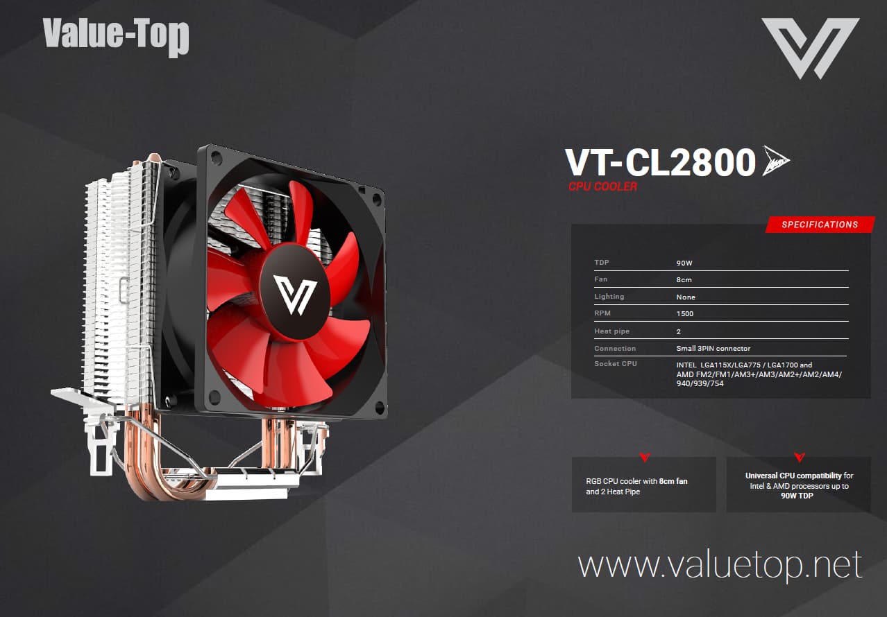 VALUE-TOP CL2800 CPU COOLER WITH 8CM BLACK FRAME+RED BLADES FAN