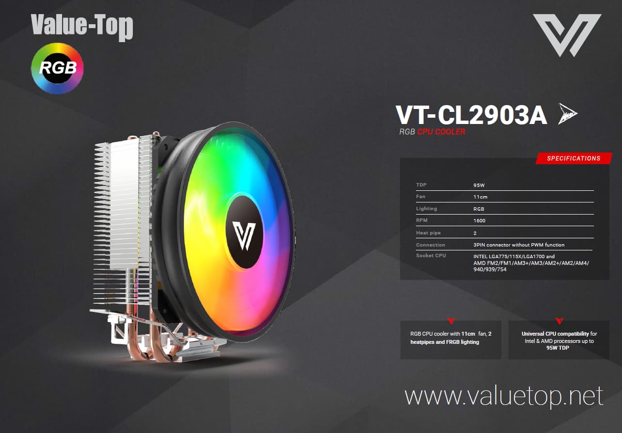 VALUE-TOP CL2903A CPU COOLER with 11cm Static RGB Fan