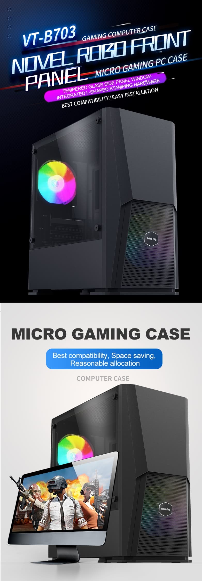 VALUE-TOP VT-B703 MICRO ATX GAMING CASING WITH ONE SIDE TEMPERED GLASS, 2*12CM 3-COLOR STATIC LED FAN, 2*USB2.0 & 1*USB3.0, W/O PSU