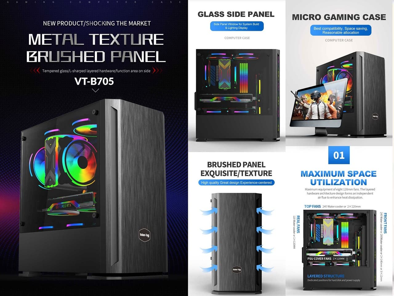 VALUE-TOP VT-B705 MICRO ATX GAMING CASE WITH ONE SIDE TEMPERED GLASS